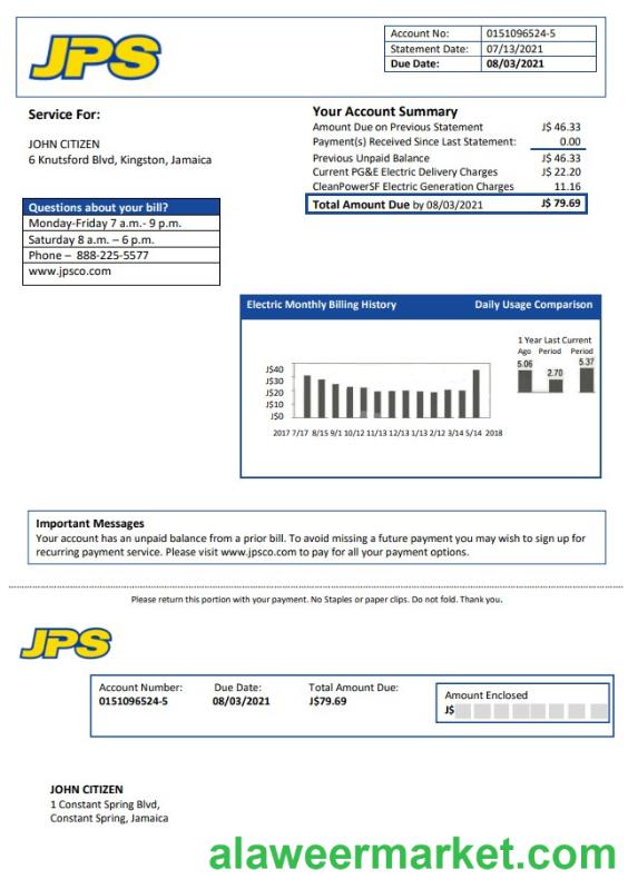 Jamaica Public Service (JPS) electricity utility bill template in Word and PDF format